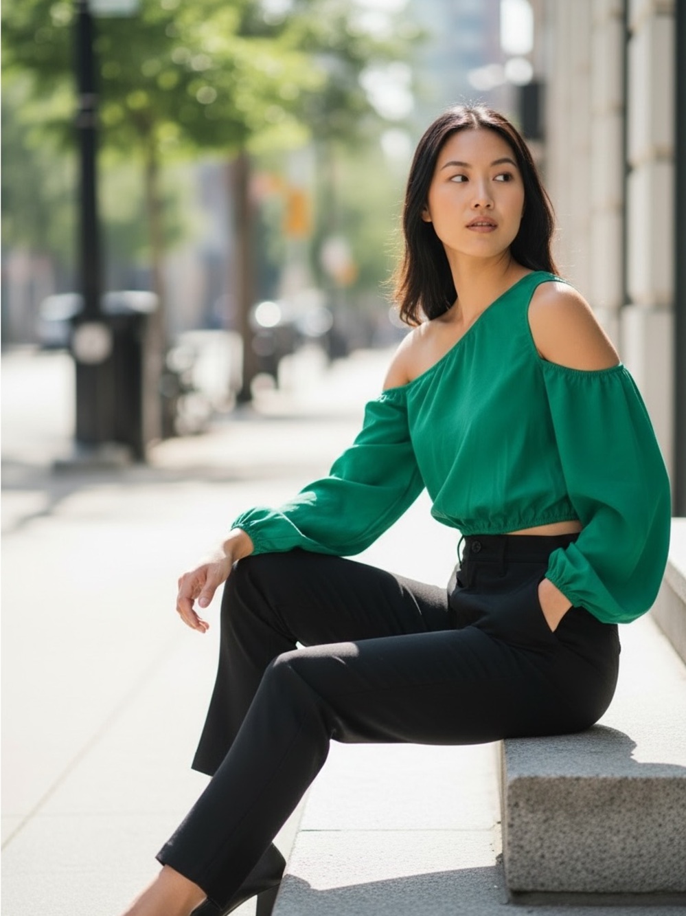 SHEIN Emerald Green One-Shoulder - Cold-Shoulder Ruched Blouse - Size Medium